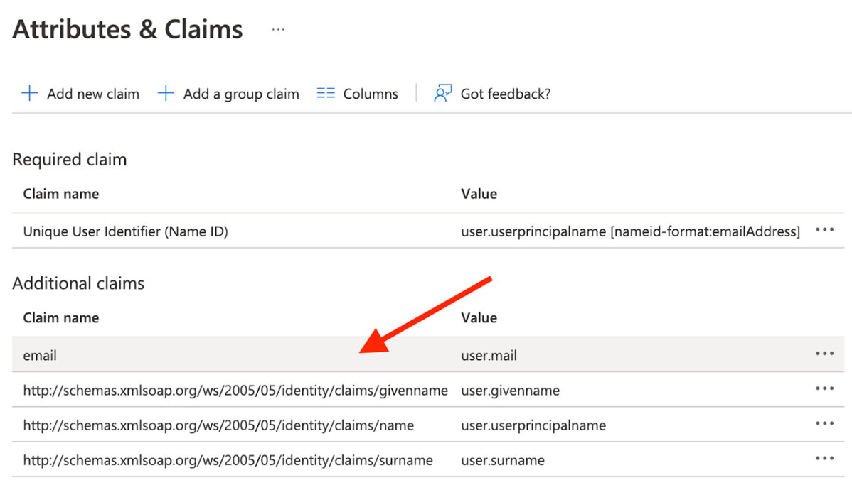 Edit email claim configuration
